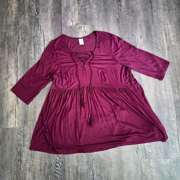 Terra & Sky Dark Purple 3/4 Sleeve Boho Top with Drawstring Tassel Ties Size 1X - Picture 1 of 5
